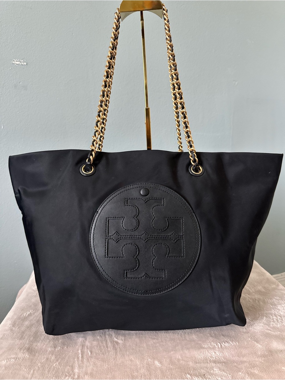 Tory Burch Black Nylon Tote with Gold Chain Straps